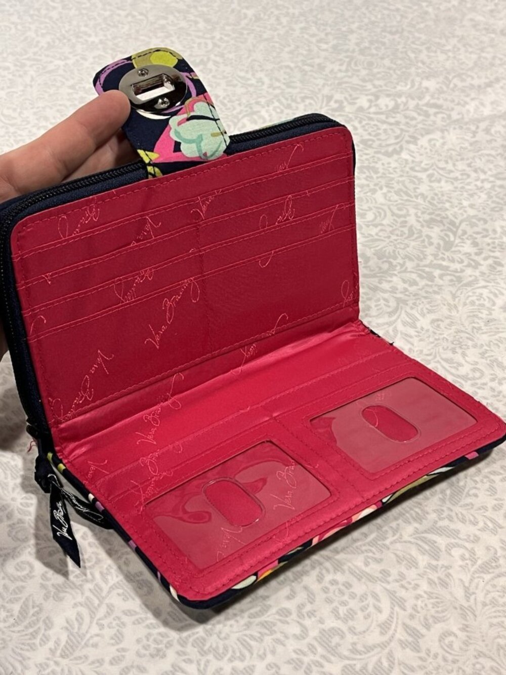 Vera Bradley "Ribbons" Turn Lock Wallet Quilted Navy Blue Zipper 8”x5” - Picture 13 of 13